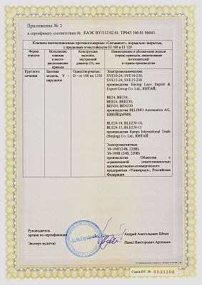 Сертификат ТР ЕАЭС 043/2017 (приложение №2) Клапан Сигмавент ЕI 180; ЕI 120 – НЗ круглого сечения